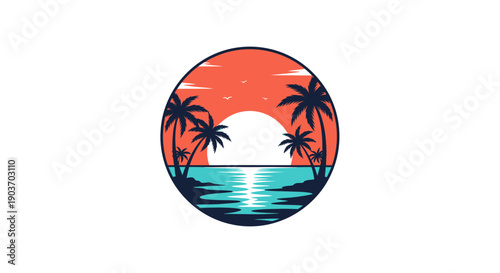 Tropical Sunset Beach with Palm Trees and Ocean Waves.