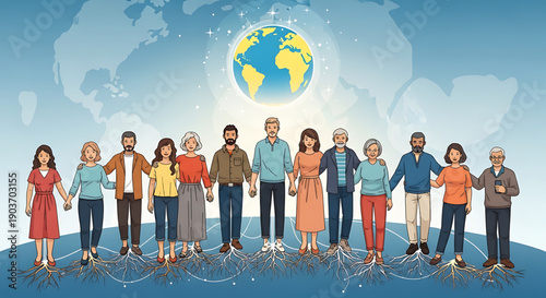 Diverse group of people standing on the globe with earth in the background representing global unity and connection gender equality