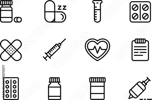 Medical icons set vector illustration, health care and pharmacy symbols collection. pill bottle with pills