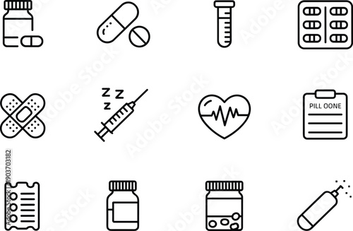 Medical icons set vector illustration, health care and pharmacy symbols collection. pill bottle with pills