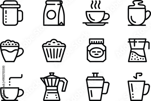 Collection of coffee and tea related icons in outline style for cafes and beverage shops