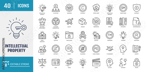 Intellectual property icon set. Includes copyright, trademark, registered, service mark, business idea, patent symbols and more. Outline Icon Set. Vector Illustration with Editable Strokes