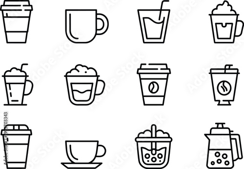 Assorted coffee and drink outline icons featuring cups mugs and brewing devices for menu