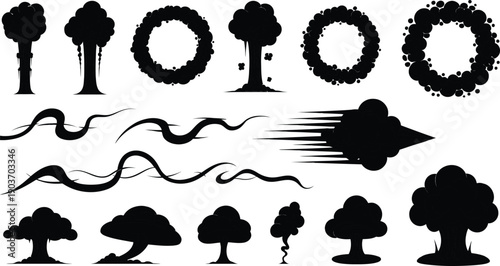 Explosive smoke cartoon clouds. Manga dark smoke puffs and swirling cloud vector set (1)