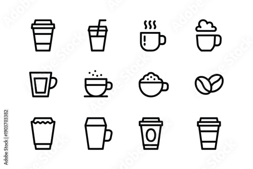 Clean outline icons of coffee cups, tea, and related beverages for cafe or restaurant
