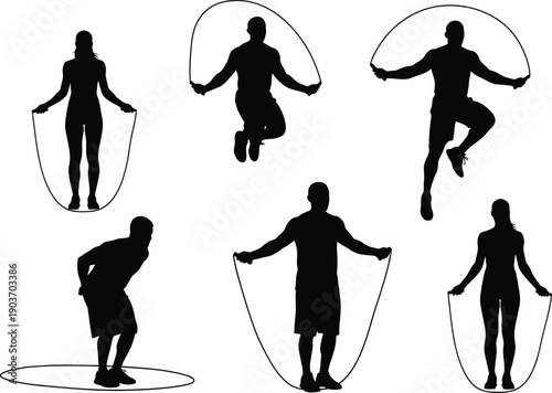 Vector silhouettes of active men and women playing sports and outdoor activities in black illustration set