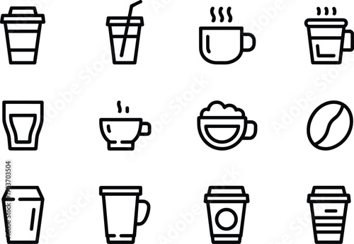 Set of coffee and beverage icons in a clean line art style for menu and branding