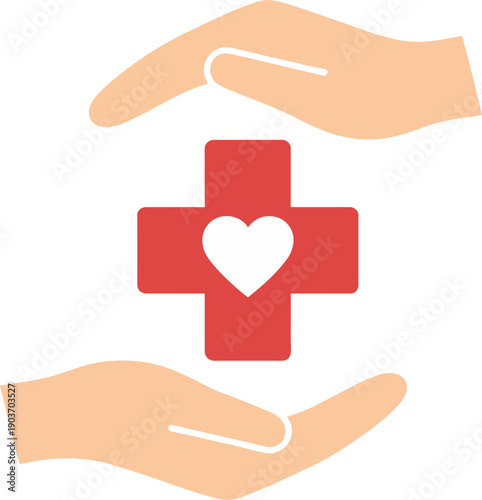 Hands cradling a red medical cross with a heart symbol, representing care and compassion in healthcare