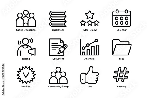 Business productivity outline icon set with group discussion books star review calendar talking document analytics files