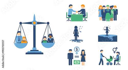 A set of flat design style illustrations depicting various workplace and business concepts including law, teamwork, equality, and family balance gender equality