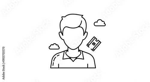 A simple line drawing of a person with a phone and clouds floating nearby on a gender equality
