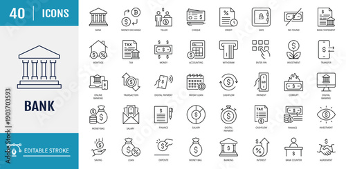 Bank icon set. Includes wallet, online banking, ATM, savings, mortgage, investment, banger and more. Outline Icon Set. Vector illustration with Editable stroke