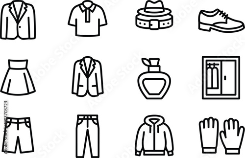 Fashion and clothes vector line icons set. pack of suit jacket, polo buckle, formal shoe, flared skirt, perfume