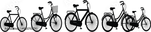 Collection of black bicycle silhouettes with varying sizes and styles on a white background