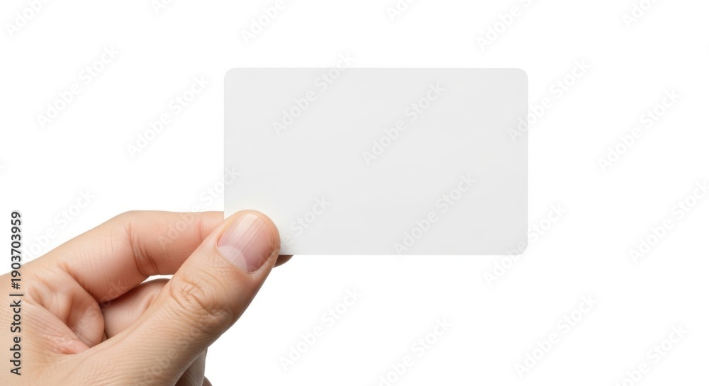 Fototapeta premium A hand holding a blank white business card against a white background