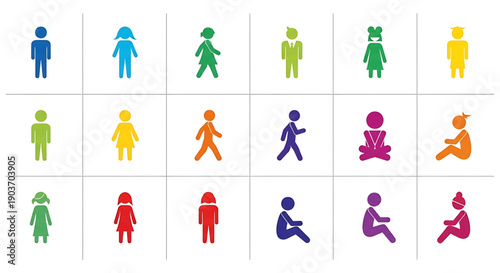 Colorful human icons in various poses and gender representations on a grid gender equality