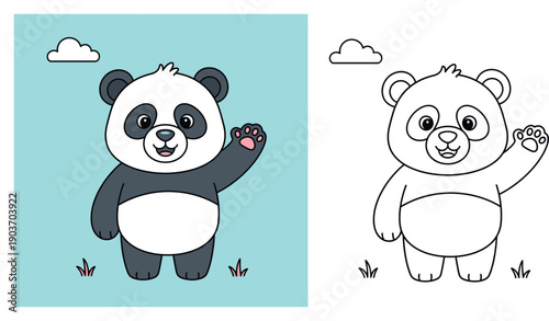 Cute cartoon panda bear character waving hello hand happy vector illustration isolated on blue background with cloud and grass