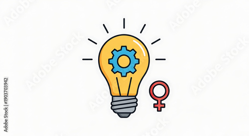 A creative illustration of a light bulb with a gear and a female symbol representing innovation and empowerment in technology and business on gender equality