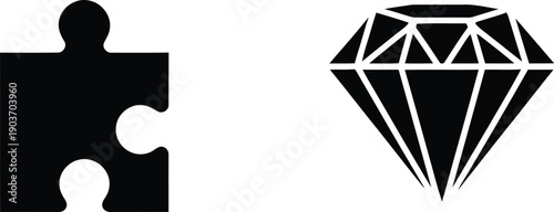 Minimalist black and white vector icons of a puzzle piece and a brilliant cut diamond isolated on white background.