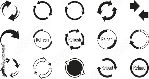 Collection of black circular arrow and refresh reload symbols