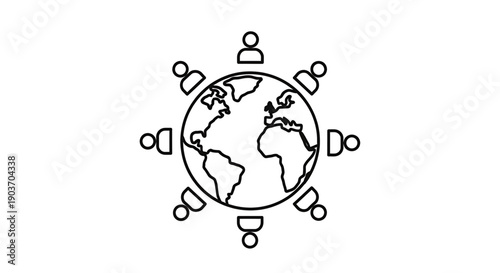 A black line drawing of people around the earth in a circular formation symbolizing global connection and teamwork gender equality