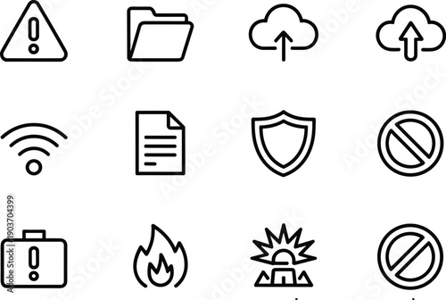 Cloud computing and fire safety vector icons including file upload wireless signal shield and warning briefcase