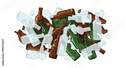 Large Pile of Mixed Glass Bottles and Shattered Glass Fragments for Recycling Illustration