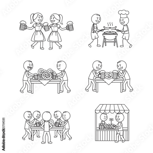 Set. People celebrating Oktoberfest with food, drinks, and games outdoors  