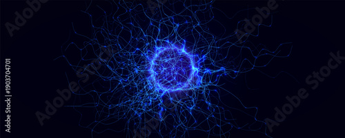 Energy Light Ring Neon Circle Net Web. Magic Portal Hole, Thunder Light Round Lightnin, Lightning Ball. Blue Purple Hole Light, Static Current Effect Background. Vector Illustration