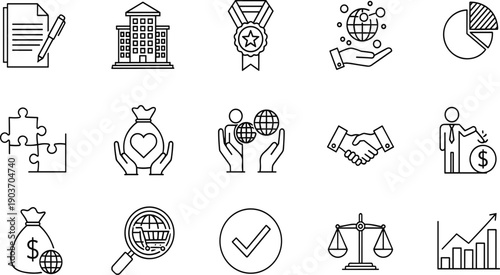 Collection of business and finance line including document pen building medal globe handshake money bag scales and graph