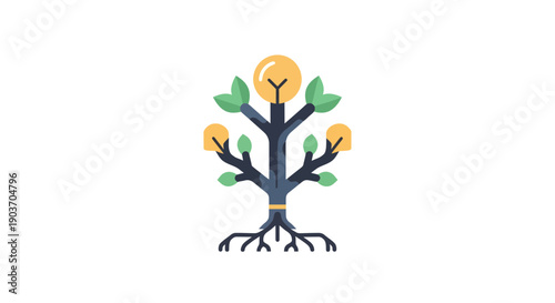 Front view of a stylized tree illustration showcasing dark blue trunk, branches, roots, green leaves and yellow tip circles on white background