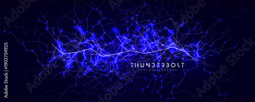 Lightning Thunderbolt Strike Black Night Background, Blue Glow Light Effect Thunder Bolt. Realistic Spark Lightening Discharge Burst, Electric Shock Current. Energy Charge Line. Vector Illustration.