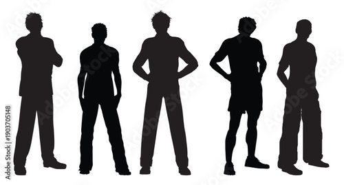 Group of diverse people silhouettes. Collection of male standing silhouettes, people in casual outfits and natural poses, ideal for profile design, Vector illustration.