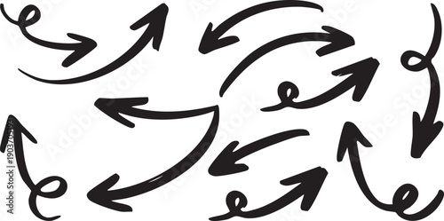 Hand drawn curved arrow set with dynamic looping and flowing directions in black sketch style, isolated vector arrows for movement, navigation, and creative design use