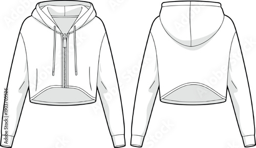Cropped hoodie fashion template with drawstring hood, zipper closure, long sleeves, waistband and cuffs, CAD sketch front and back views
