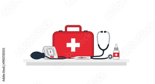 Medical Emergency Kit on a Shelf with Blood Pressure Monitor Stethoscope and First Aid Supplies