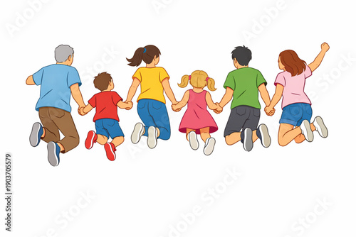 Joyful multi-generational family holding hands and jumping together in mid-air