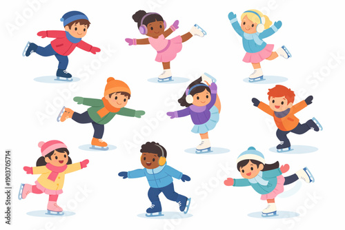 Diverse group of happy children ice skating and enjoying winter activities together