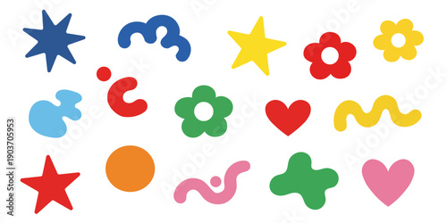 Colourful and simple abstract shapes and symbols, including stars, hearts, and flowers.