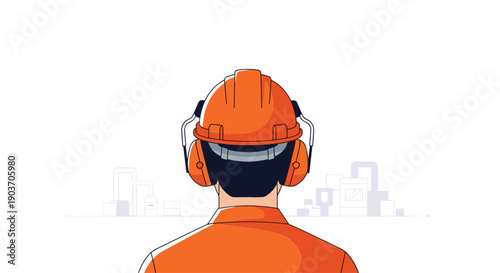Factory Worker Wearing Orange Safety Helmet and Protective Earmuffs Looking at Industrial Plant