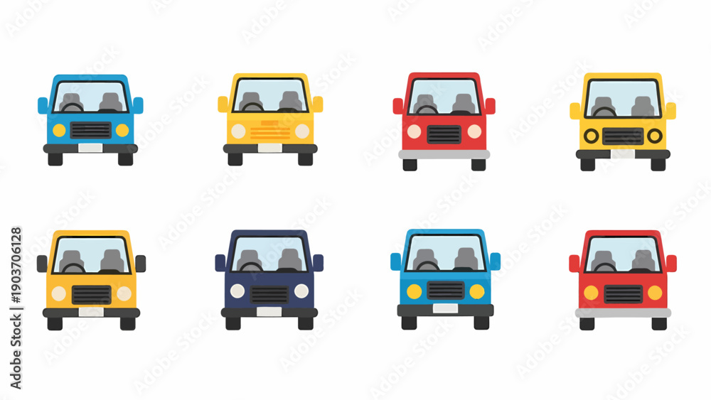 Fototapeta premium A collection of colorful jeep cars arranged in two rows on a clean background viewed from the front