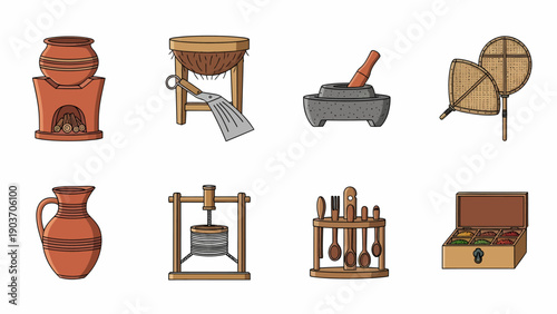 Collection of Ancient Cooking Utensils and Clay Pots Displayed in a Cultural Setting