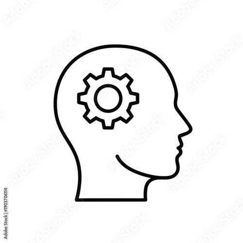 A human head profile outline contains a single gear icon inside the cranium, symbolizing thinking, processing, or mechanical thought.