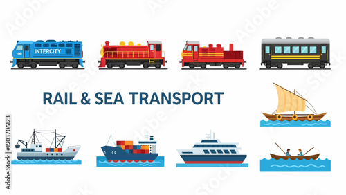 Collection of various transport vehicles including trains and ships displayed together in a graphic illustration