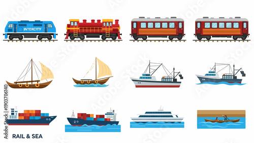 Various Transportation Modes Illustrated in a Collection of Rail and Sea Vehicles