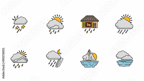 Various weather conditions illustrated with cartoon clouds, sun, rain, lightning, house, boat, and mountain symbols on a clean background