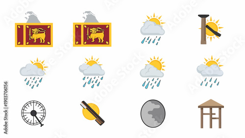 A collection of weather and cultural icons depicting various elements and activities