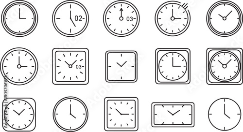 Analog Clock Icons Set Line Art Vector Illustration for Time Management
