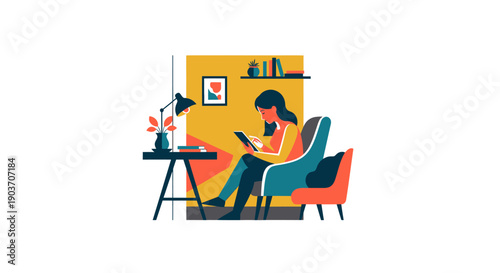 Woman reading a book in a comfortable armchair.