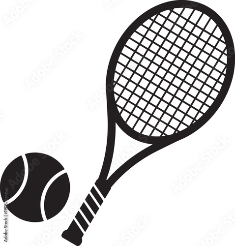  Simple black and white graphic icon of a tennis racket and ball, representing the sport and healthy lifestyle
